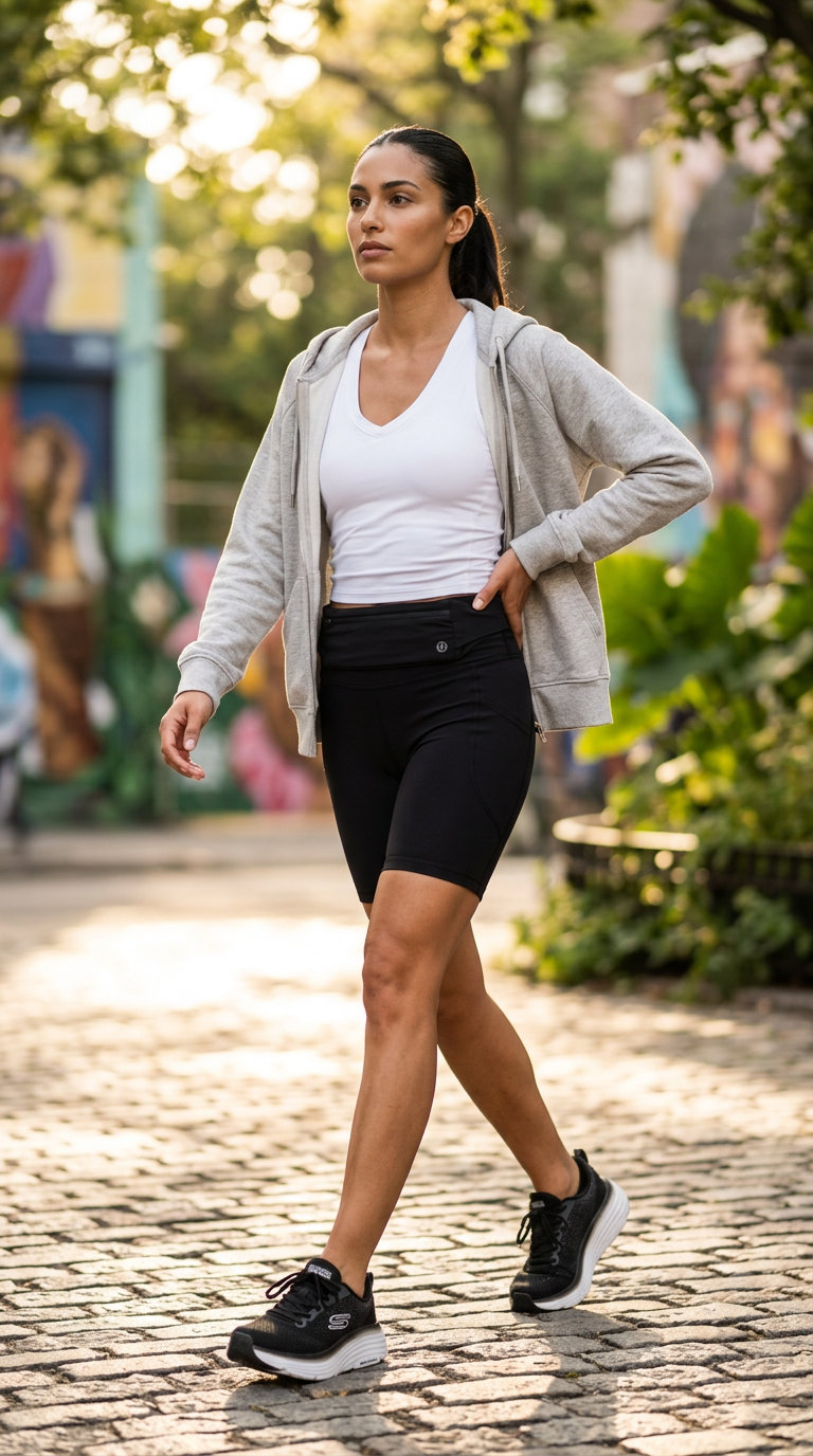 Black biker shorts & white tank for Summer Moving Day Outfits for Women 2026. Active & functional.