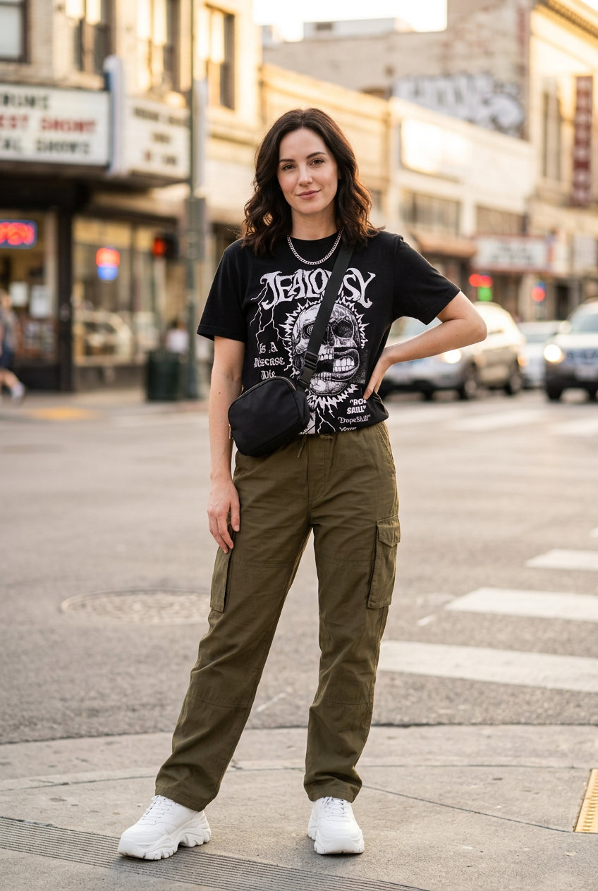 Olive green cargo pants & graphic tee for Summer Moving Day Outfits for Women 2026. Edgy & practical.