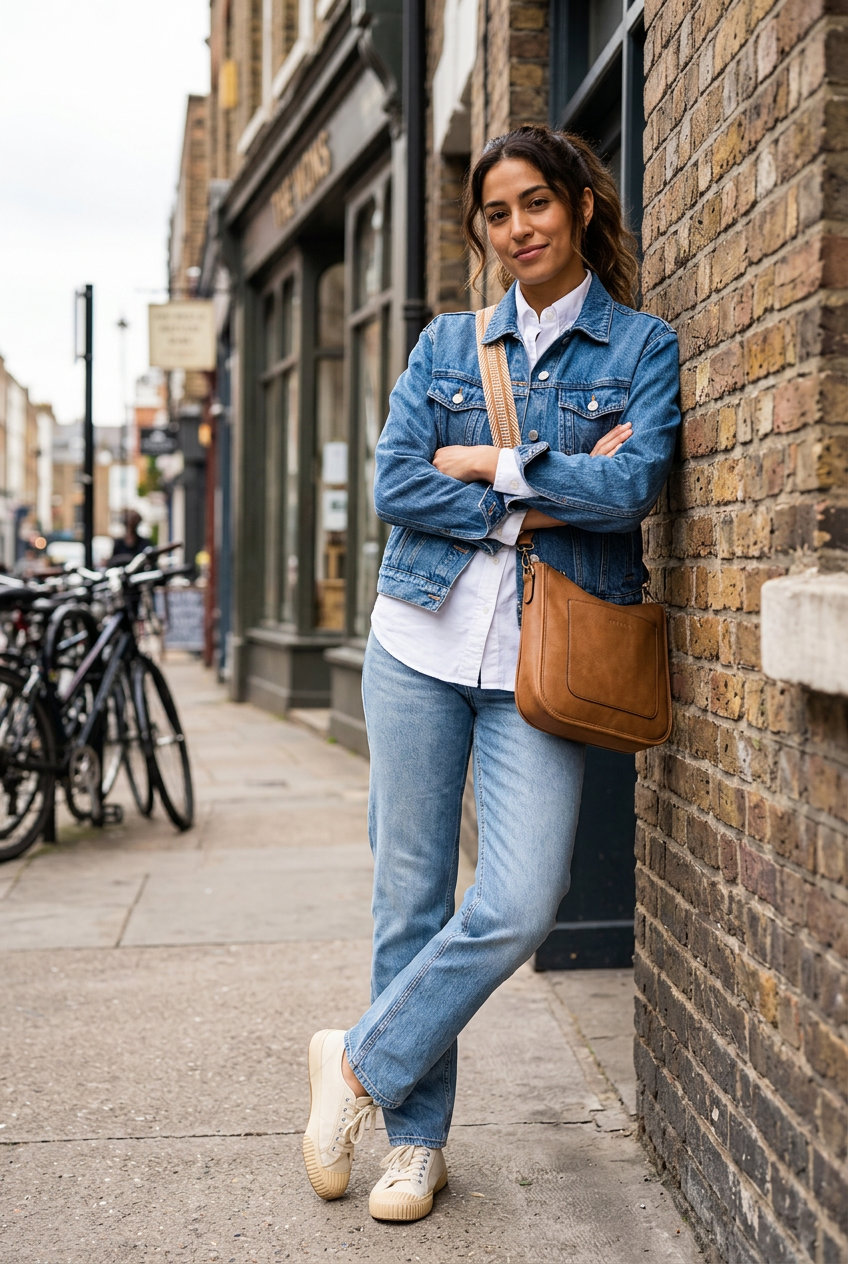 Denim jeans & white shirt for Summer Moving Day Outfits for Women 2026. Classic & reliable.