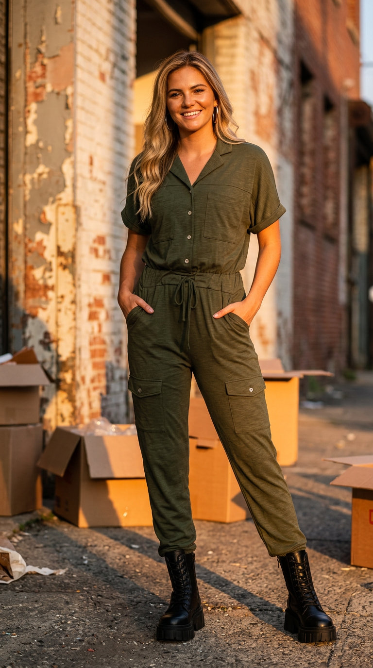 Khaki jumpsuit & combat boots for Summer Moving Day Outfits for Women 2026. Stylish & practical.