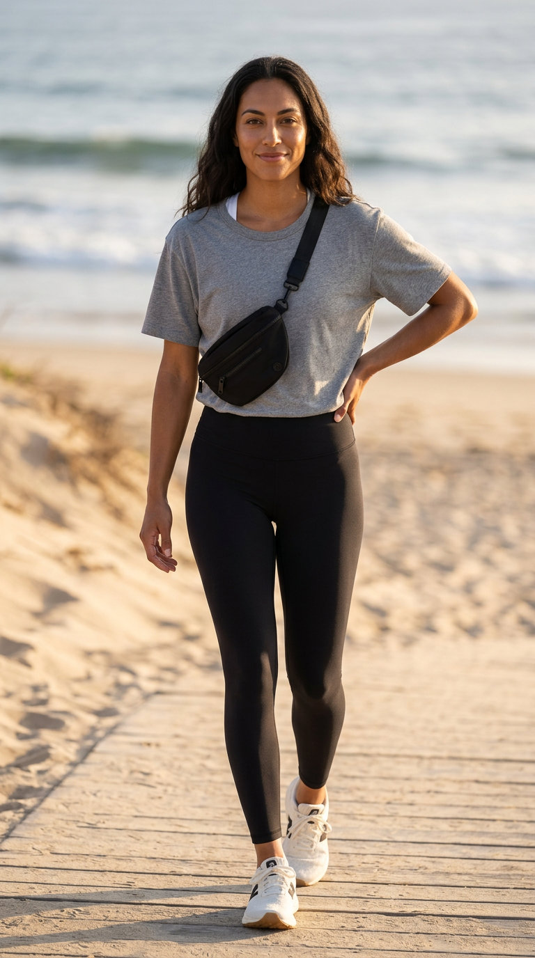 Black leggings & oversized tee for Summer Moving Day Outfits for Women 2026. Athleisure comfort.