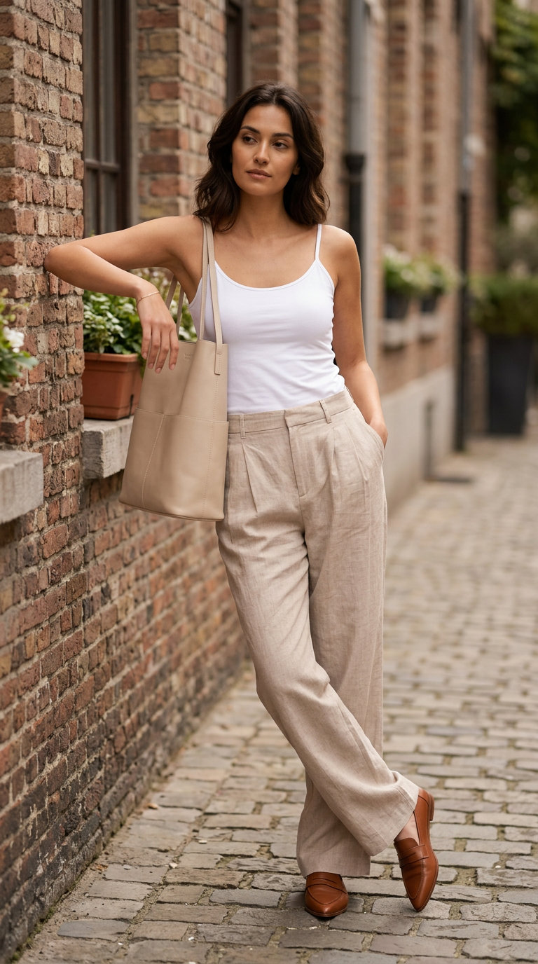 Beige linen pants & white tank for Summer Moving Day Outfits for Women 2026. Chic & practical.