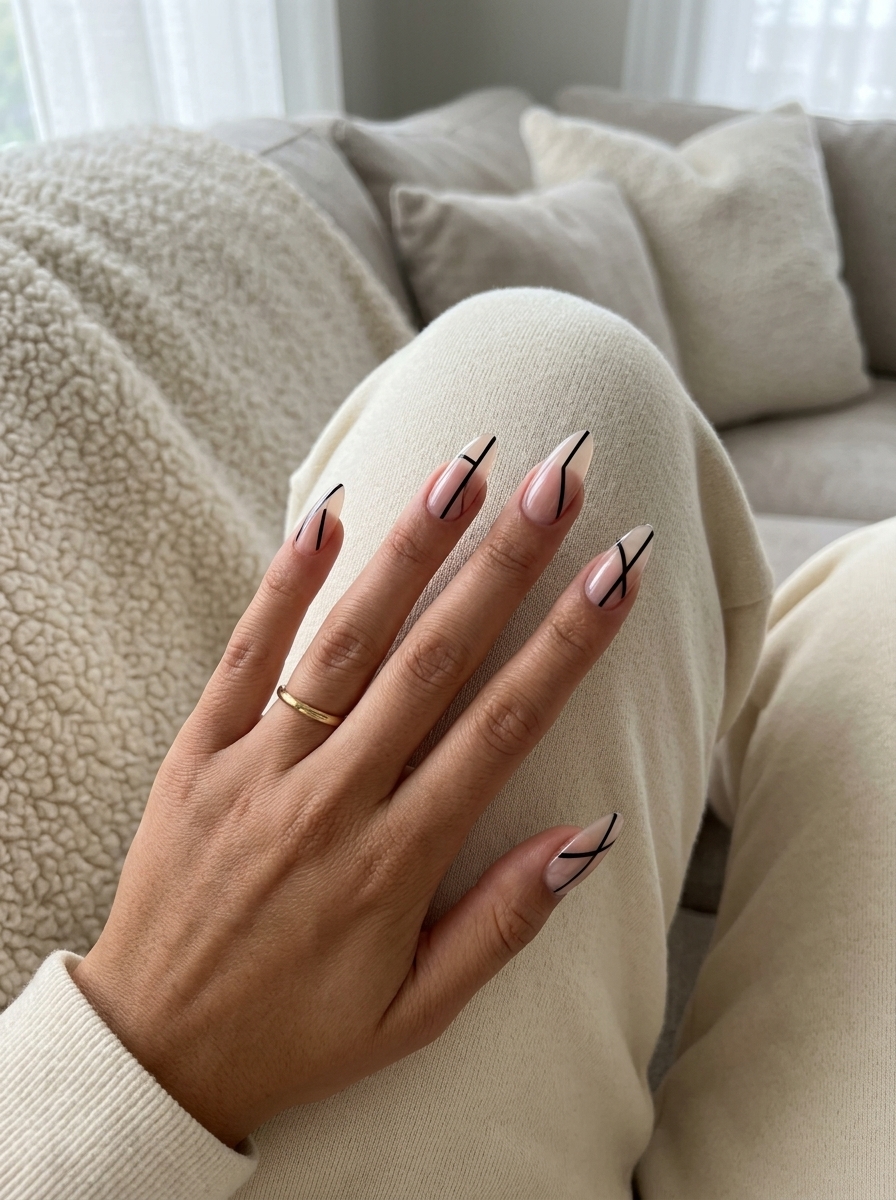Edgy Black Line Negative Space nails: Clear base with abstract opaque black lines for party nights. Summer nail art ideas 2026.
