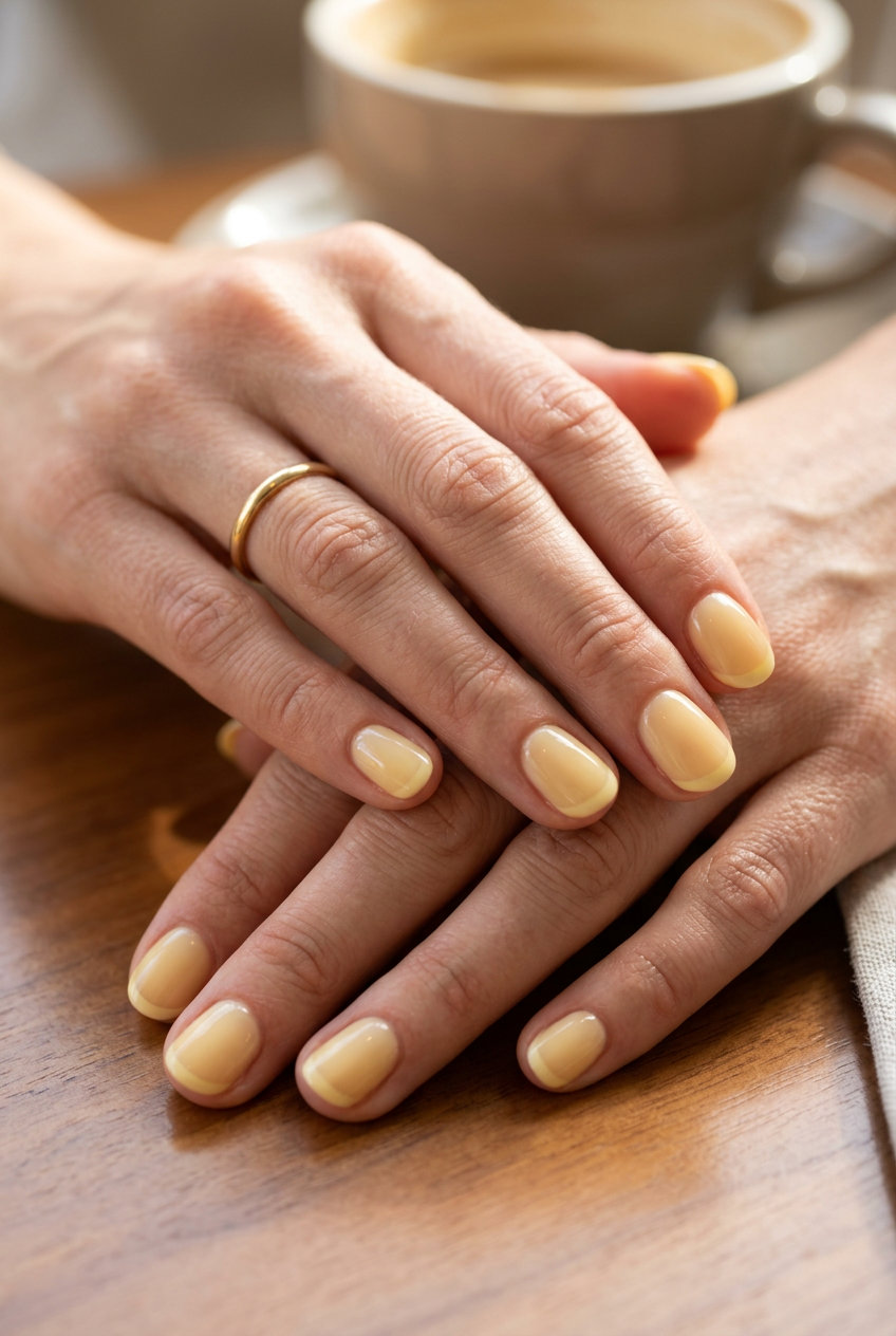 Butter yellow sheer French tip nails for casual work day, a summer nail art idea 2026.
