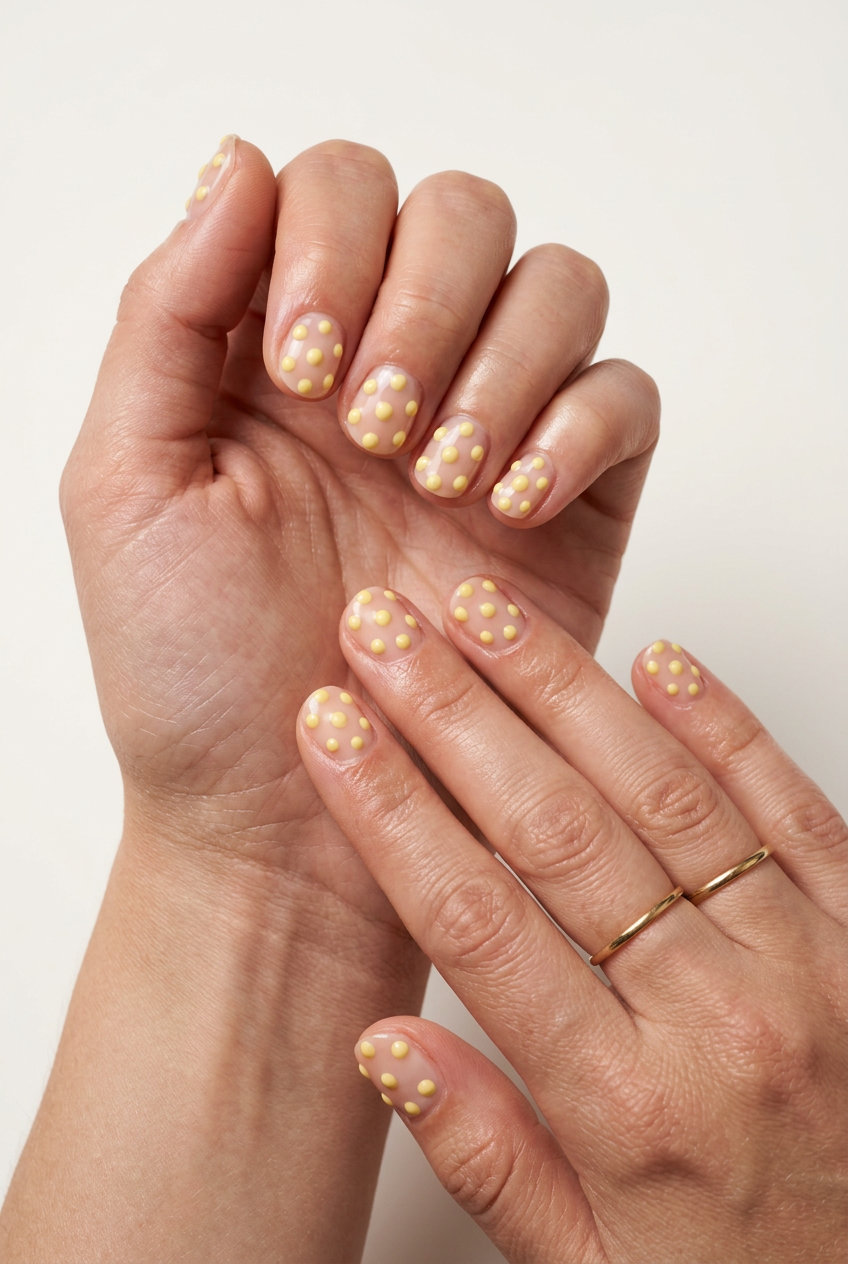 Butter yellow textured dots on sheer base for brunch, a playful summer nail art idea 2026.
