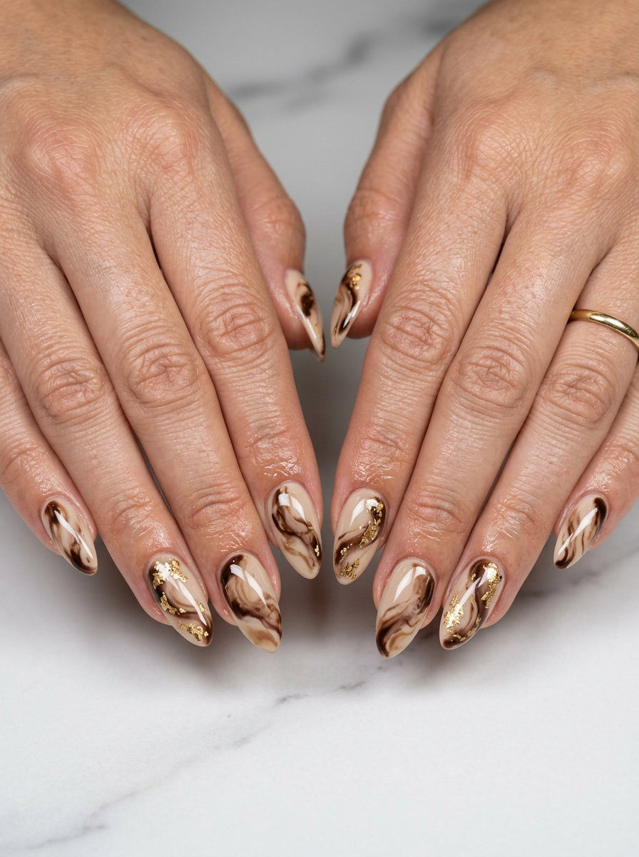 Desert Marble Swirls nails: Beige with brown & tan swirls and gold foil for chic casual looks. Summer nail art ideas 2026.