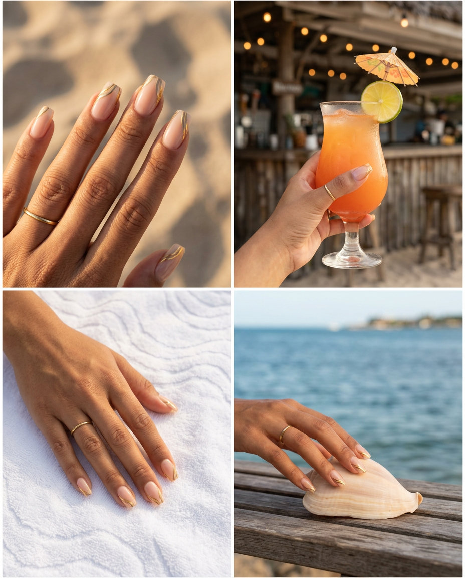 Golden Geometry Statement nails: Nude base with metallic gold geometric accents for formal events. Summer nail art ideas 2026.