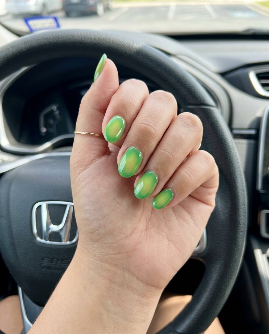Lime Green Aura Gradient nails: Bright lime green blended from center for playful summer vibes. Summer nail art ideas 2026.