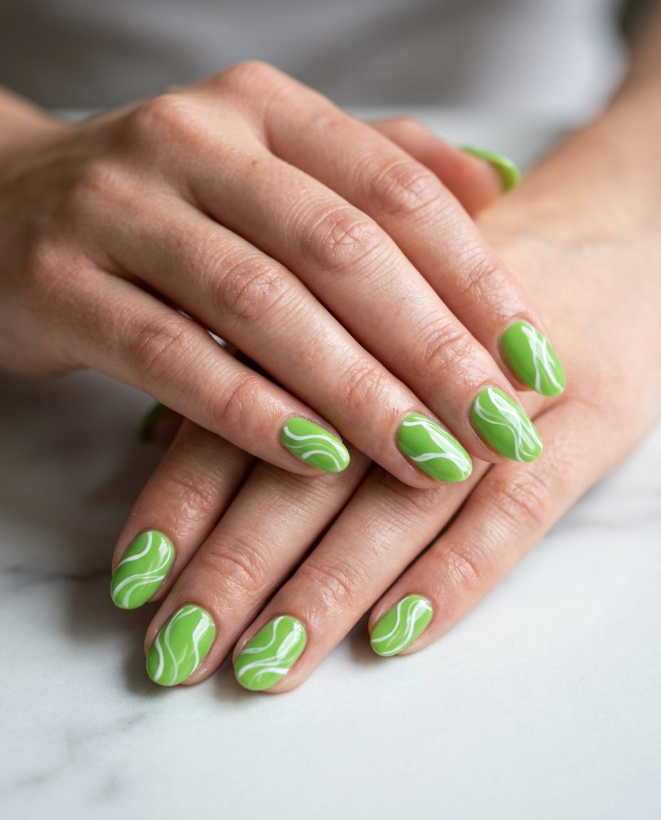Lime green glossy oval swirls for summer festival, a playful summer nail art idea 2026.