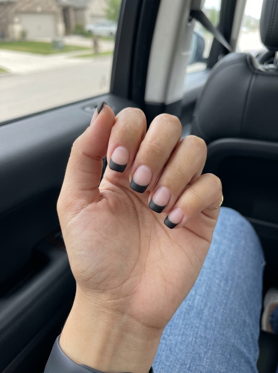 Matte Blacktip Accent nails: Clear base with bold matte black tips for edgy night outs. Summer nail art ideas 2026.