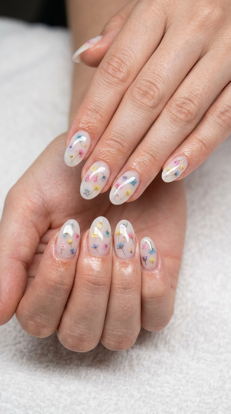 Ethereal milk bath nails with pastel dried flowers, perfect for summer nail art ideas 2026.