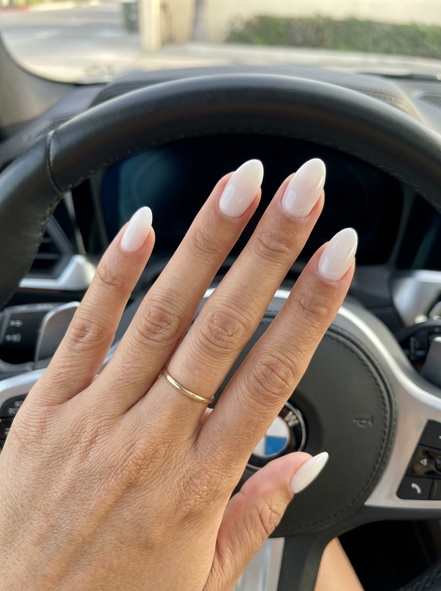 Milky White Builder Gel Overlay nails: Opaque milky white for a clean, sophisticated, and polished look. Summer nail art ideas 2026.