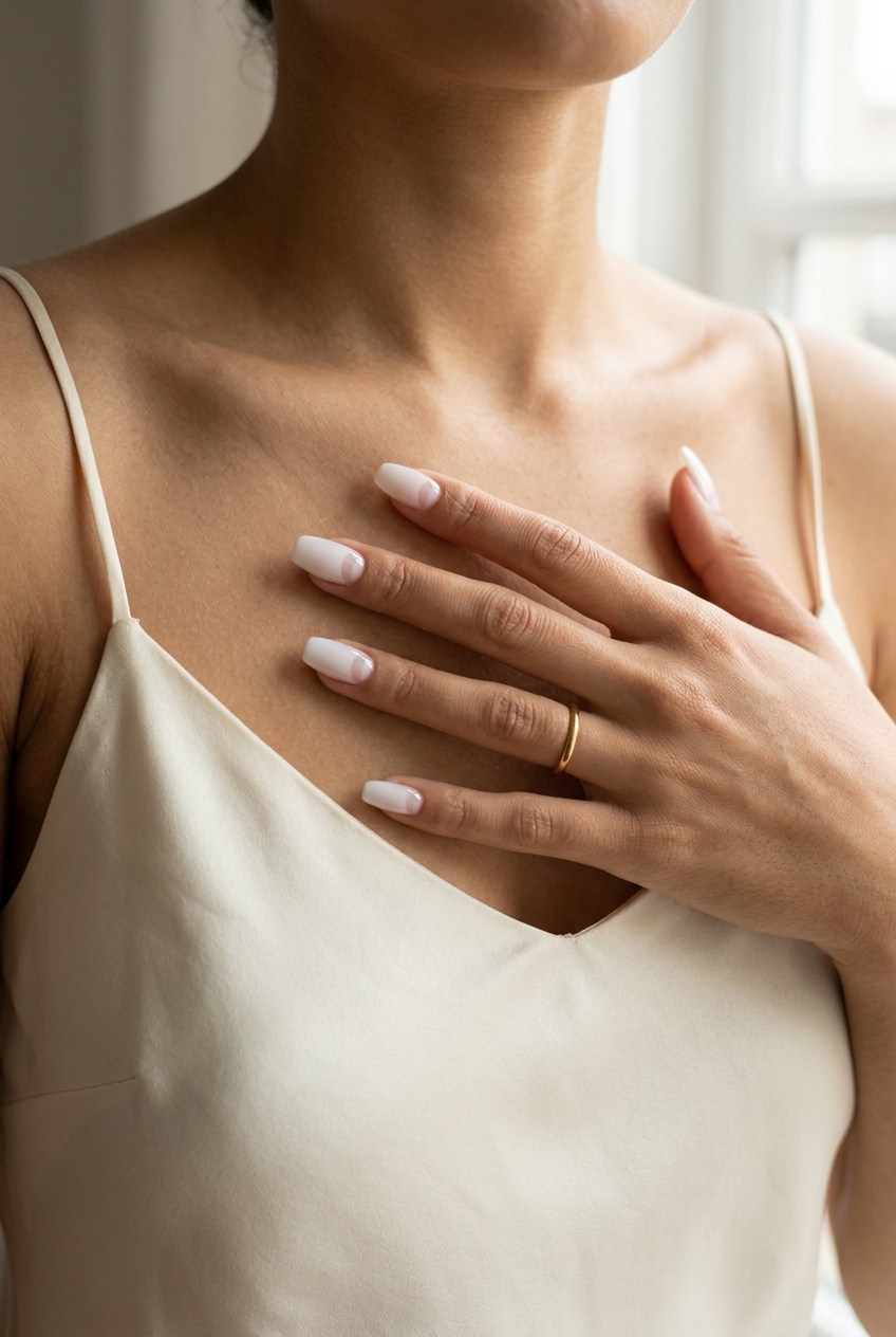 Milky White Reverse French nails: Opaque milky white with sheer white half-moon at cuticle for elegant events. Summer nail art ideas 2026.
