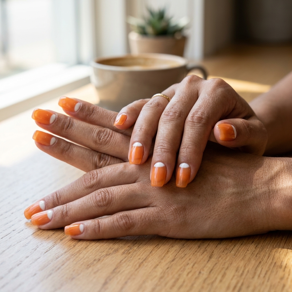Peach fuzz jelly half moon nails for summer nail art ideas 2026, retro and sweet.