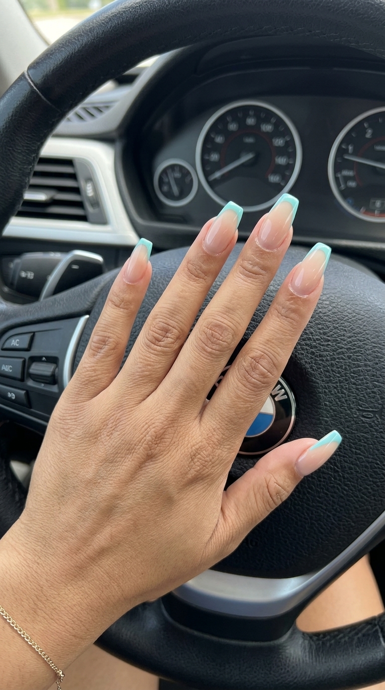 Vivid aqua micro French tip nails for summer event, an edgy summer nail art idea 2026.
