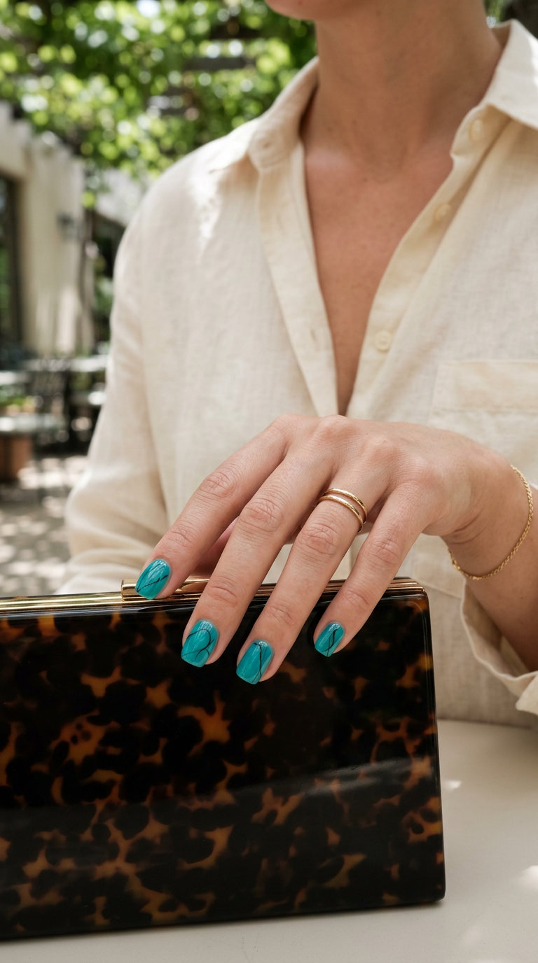 Abstract Teal Jelly Nails 2026: Edgy & Artistic Abstract teal jelly nails with lines for summer nails colors 2026: edgy, artistic on medium nails.