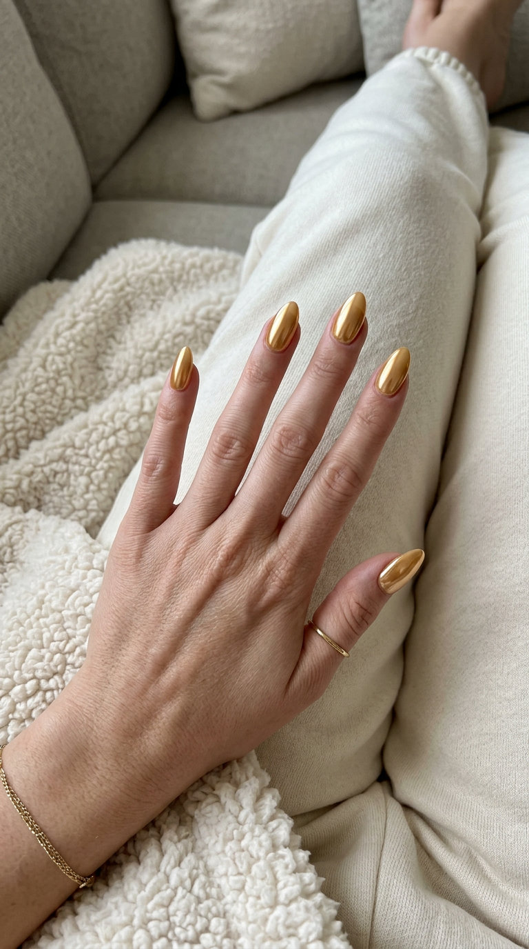 Butterscotch Chrome Nails 2026: Summer Party Glam Golden butterscotch chrome nails for a summer party outfit. Glamorous long almond nails with mirror shine.