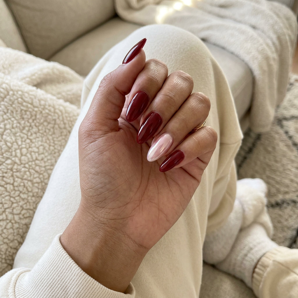 Glazed Cherry Accent Nails 2026: Date Night Glam Glazed cherry accent nails for date night in 2026. Sultry medium almond with pink-chrome glaze.