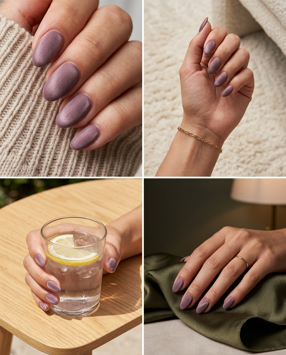 Dusty Mauve Velvet Nails 2026: Work Chic Style Dusty mauve velvet nails for work in 2026. Chic short squoval with muted purple.