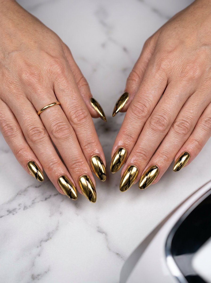 Gold Marble Nails 2026: Glamorous Party Look Opulent gold marble effect nails for a glamorous party or gala outfit. Luxurious long almond nails.