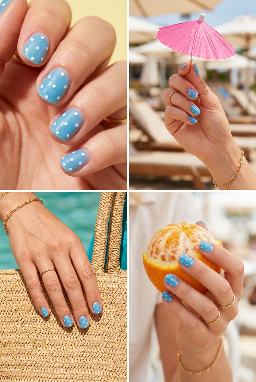 Jelly Blue Polka Dot Nails 2026: Retro Summer Fun Jelly blue polka dot nails for a retro casual summer outfit. Playful short nails with translucent blue.