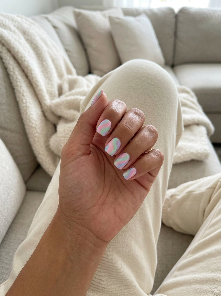 Pastel Swirl Nails 2026: Playful Summer Style Pastel swirl nails for summer nails colors 2026: pink, mint, lavender, blue on short squoval.