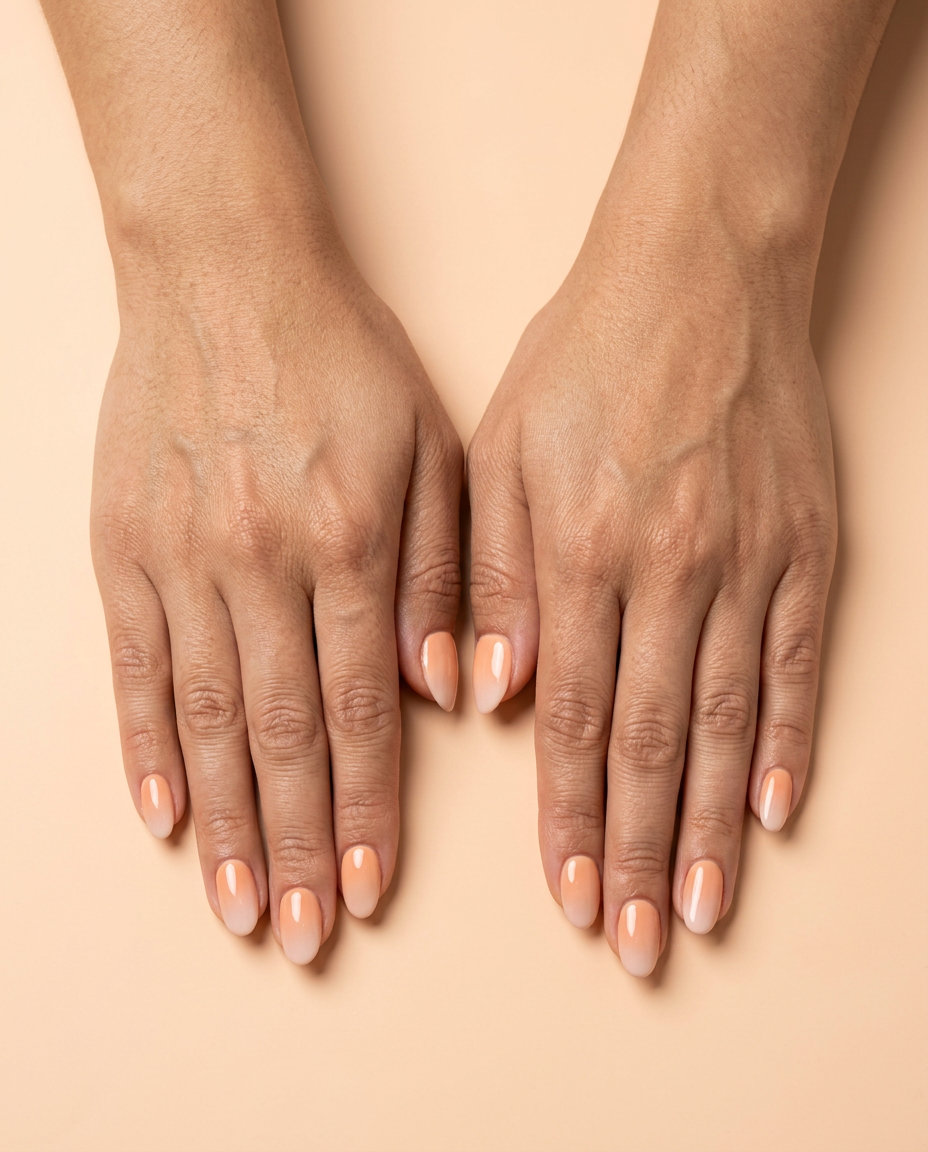 Peach Cobbler Ombre Nails 2026: Wedding Guest Style Romantic peach ombre nails for wedding guests in 2026. Elegant almond shape, creamy peach to pale nude.