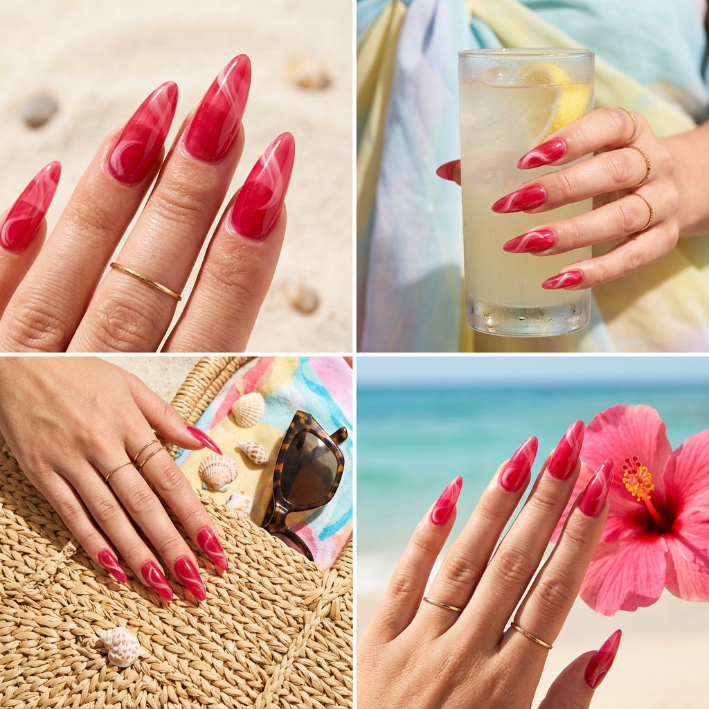Raspberry Sorbet Jelly Swirls Nails 2026: Vacation Style Raspberry sorbet jelly swirls nails for summer vacation 2026. Juicy medium almond.