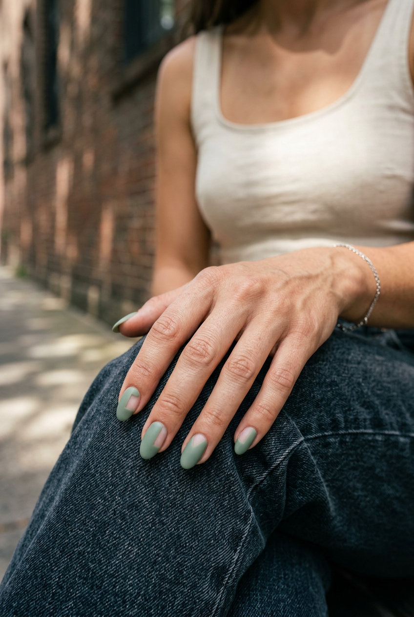 Sage Green Negative Space Nails 2026: Chic Summer Sage green negative space nails for summer nails colors 2026: minimalist chic on medium nails.