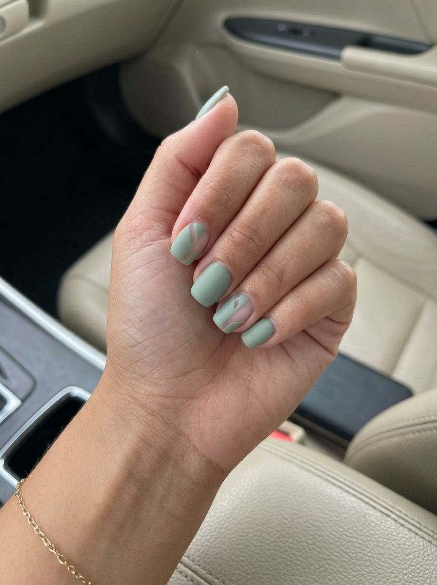 Sage Green Negative Space Nails 2026: Office Chic Sage green negative space nails for office wear in 2026. Sophisticated short squoval.