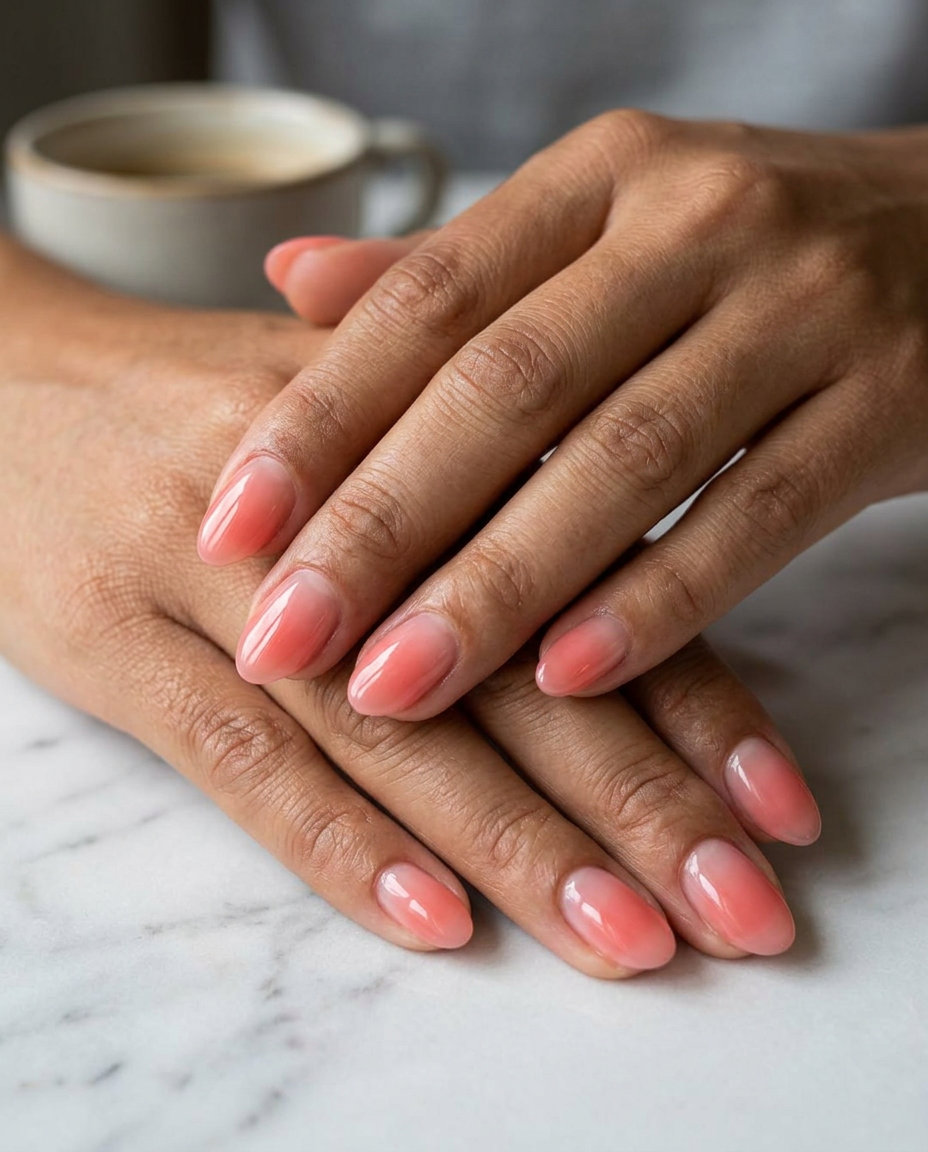 Coral Pink Reverse Ombre Oval Nails 2026 | Casual Style Coral Pink Sheer Reverse Ombre Oval nails for summer ombre nails 2026. Playful casual weekend style.