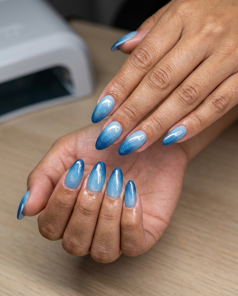 Holographic Sky Blue Ombre Nails 2026 Futuristic holographic sky blue to ocean blue ombre almond nails for festivals. Summer ombre nails 2026.
