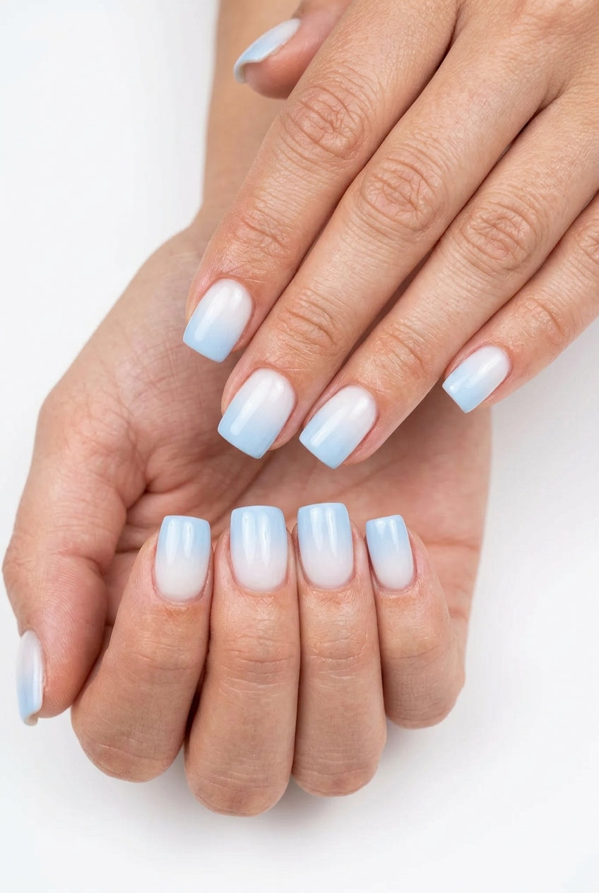 Milky Blue Ombre Square Nails 2026 | Work Style Milky White to Baby Blue Ombre Square nails for summer ombre nails 2026. Clean-girl work style.