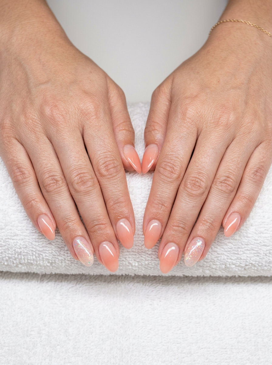 Sparkling Peach Ombre Nails 2026 | Vacation & Wedding Guest Style Sparkling Peach Blush Jelly Ombre nails for summer ombre nails 2026, perfect for vacation or wedding guest.