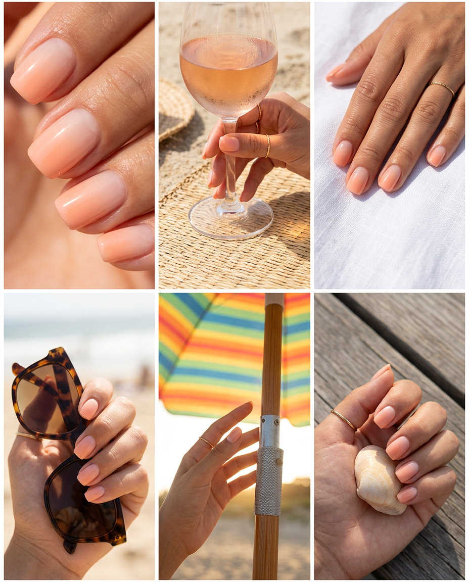 Playful Peach Blush Ombre Nails 2026 Clean and playful soft peach blush reverse ombre square nails for daily wear. Summer ombre nails 2026.