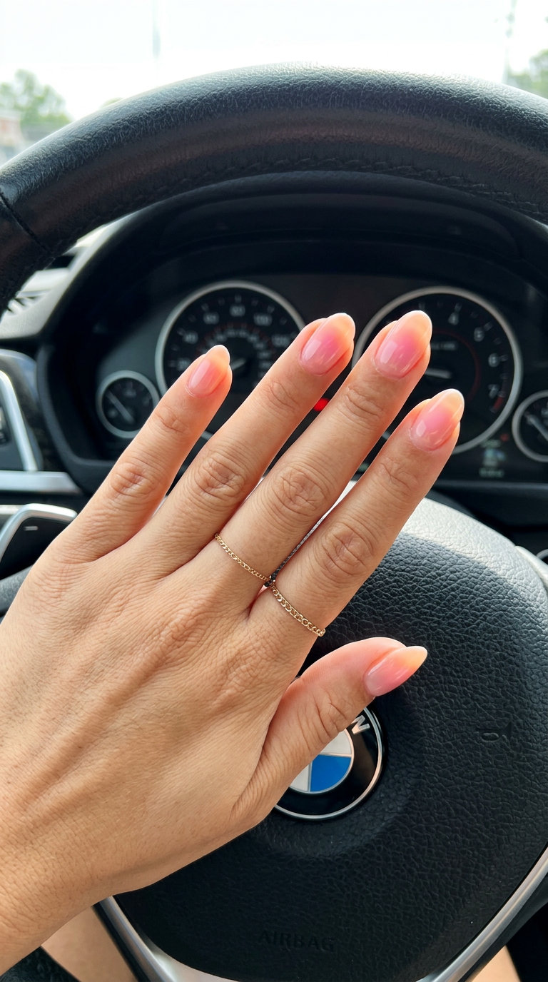 Peach & Pink Aura Ombre Nails 2026 | Wedding & Romantic Style Peach & Pink Aura Ombre Oval nails for summer ombre nails 2026, perfect for weddings and romantic events.