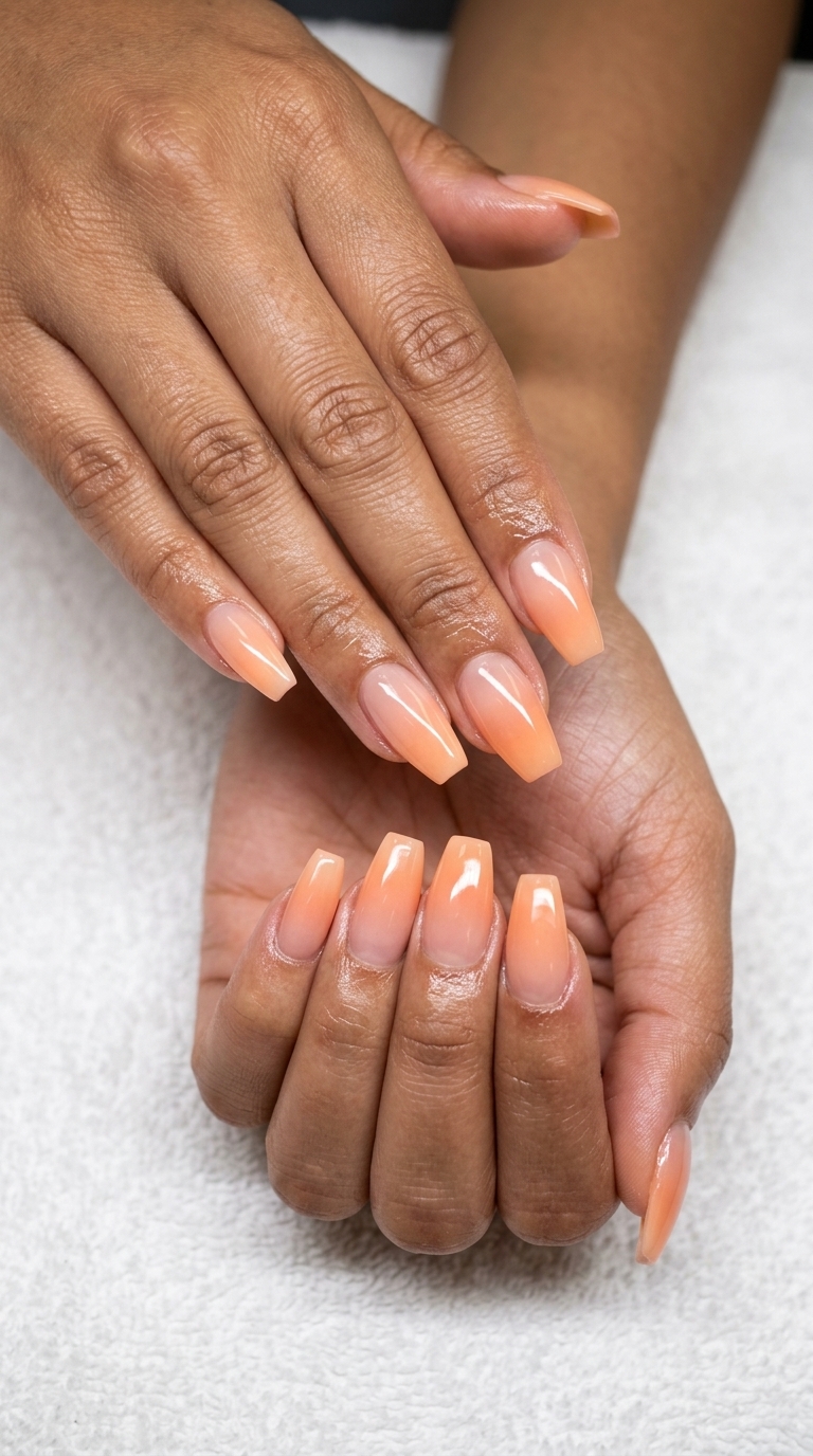 Sweet Peach Jelly Ombre Nails 2026 Romantic peach sorbet jelly ombre coffin nails for date night or brunch. Summer ombre nails 2026.