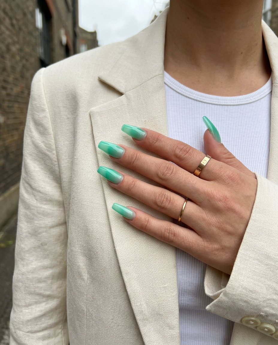 Playful seafoam green jelly reverse ombre coffin nails for festivals or vacation. Summer ombre nails 2026.