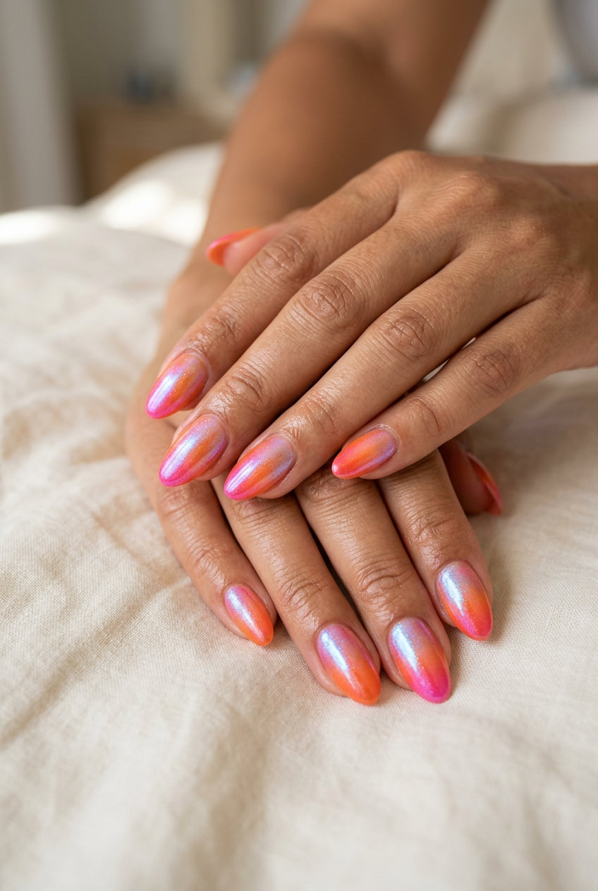 Sunset Chrome Ombre Nails 2026 | Glamorous & Warm Style Sunset Gradient Chrome Dust Almond nails for summer ombre nails 2026, great for festivals and travel.