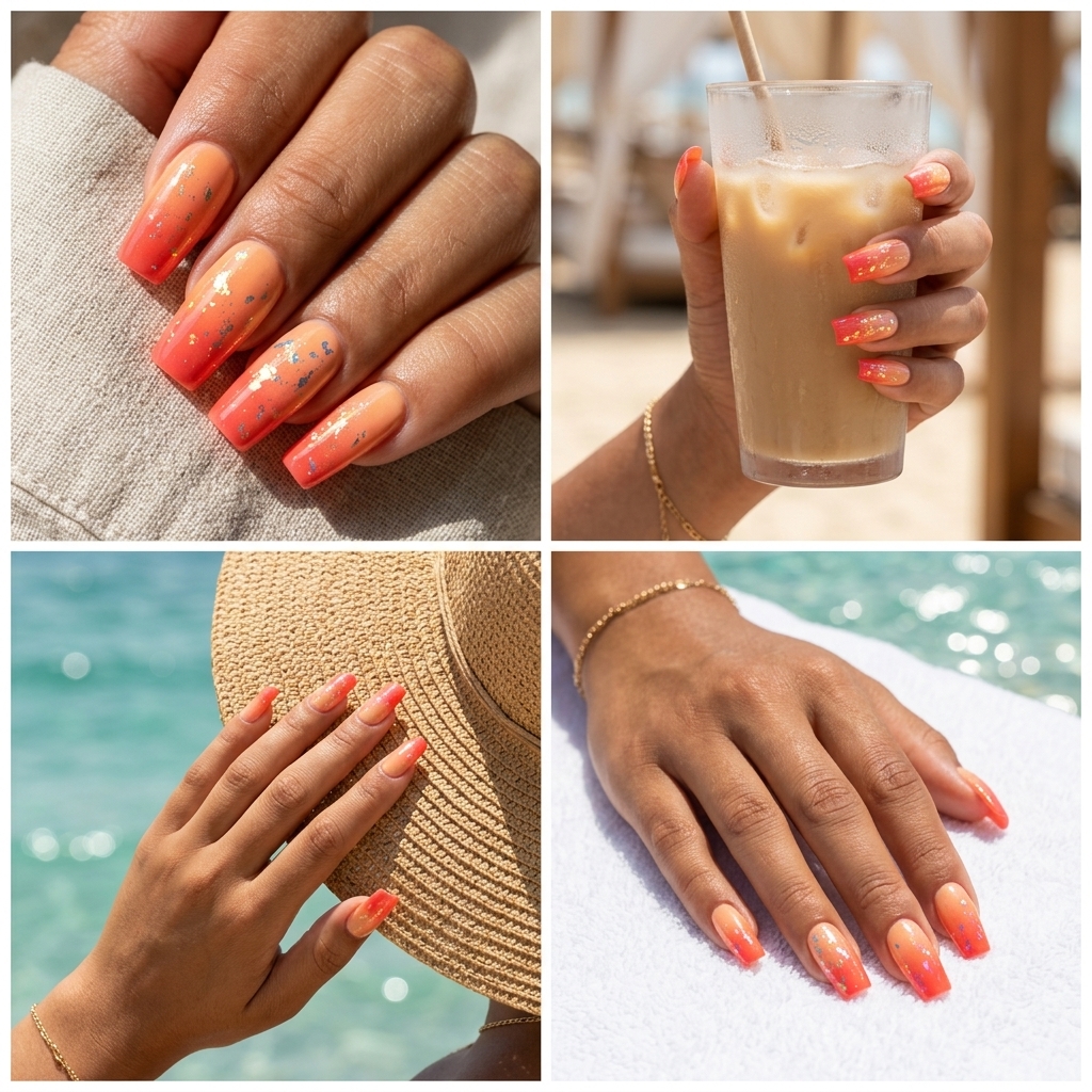 Sunset Foil Flake Ombre Nails 2026 | Glamorous & Playful Style Sunset Foil Flake Ombre nails for summer ombre nails 2026, ideal for festivals and parties.