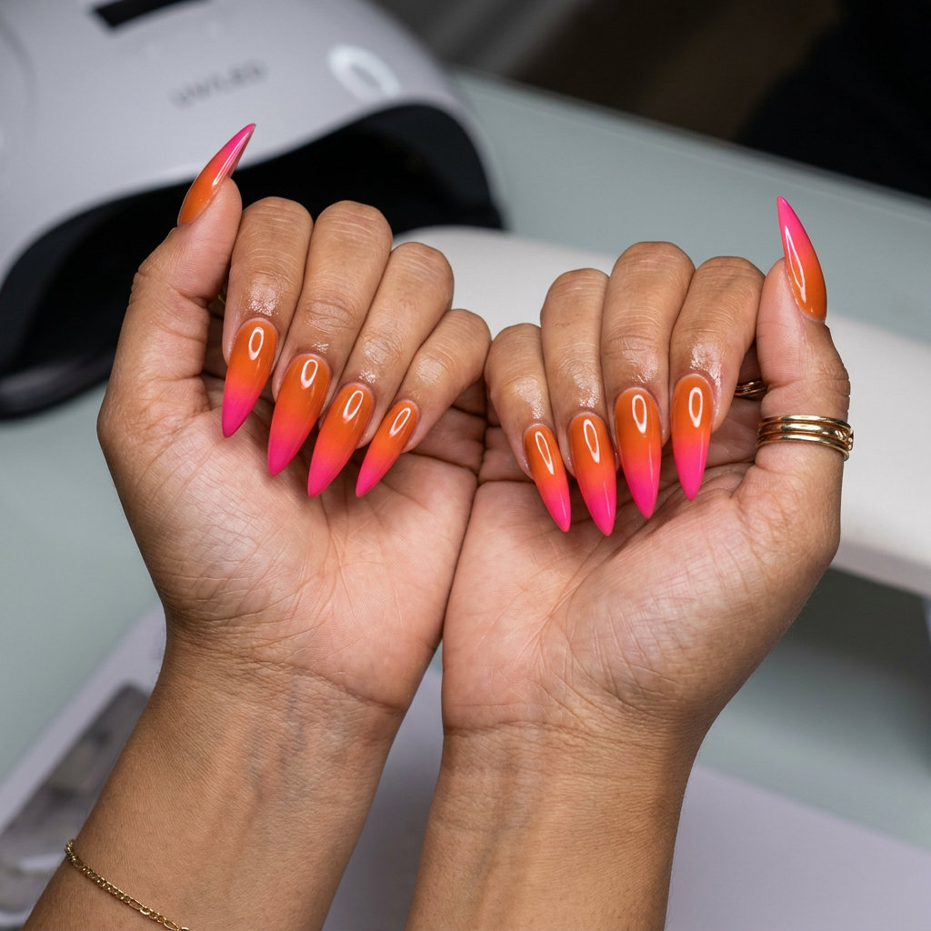 Sunset Ombre Stiletto Nails 2026 | Festival & Party Style Sunset Orange to Pink Stiletto Flare nails for summer ombre nails 2026, ideal for festivals and parties.