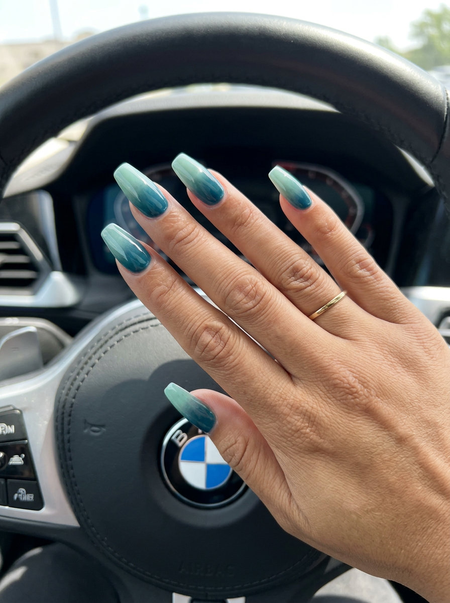 Teal to Mint Ombre French Nails 2026 | Coastal & Chic Style Teal to Mint Micro-French Ombre Coffin nails for summer ombre nails 2026, perfect for date nights and events.