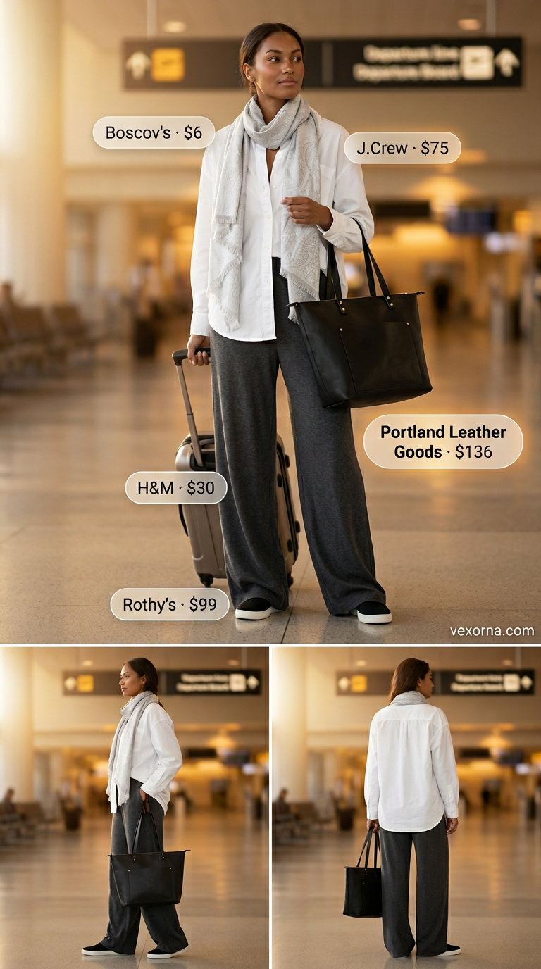 Summer Solo Travel Outfits for Women 2026: Charcoal knit pants, ivory shirt, sneakers, tote bag, and scarf for airport ease.