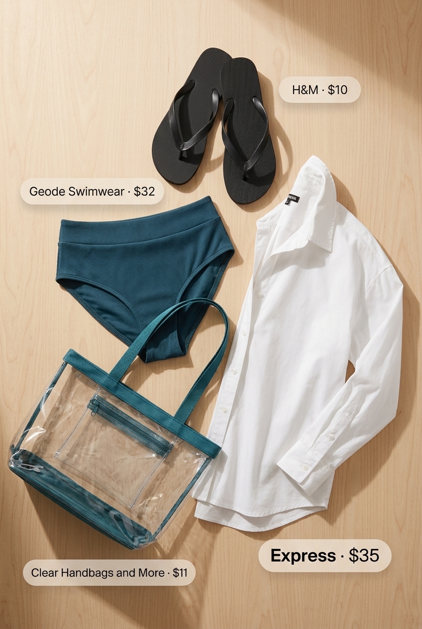 Summer Solo Travel Outfits for Women 2026: White oversized shirt, teal bikini, straw hat, and tote for beachside chic.