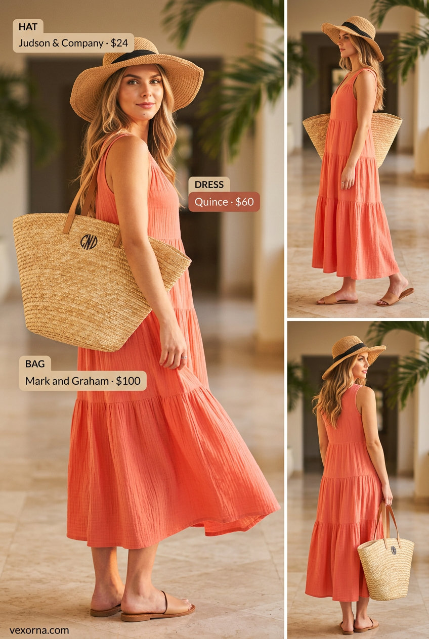 Summer Solo Travel Outfits for Women 2026: Coral maxi dress, straw hat, oversized tote, and slide sandals for coastal breeze.