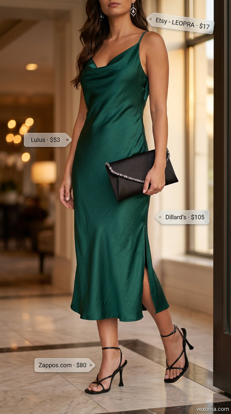 Summer Solo Travel Outfits for Women 2026: Emerald green slip dress, black clutch, silver earrings, and strappy sandals for destination dinner.