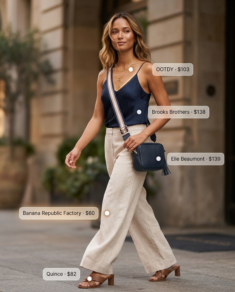 Summer Solo Travel Outfits for Women 2026: Cream linen pants, navy silk cami, gold necklaces, and leather mules for jetsetter style.