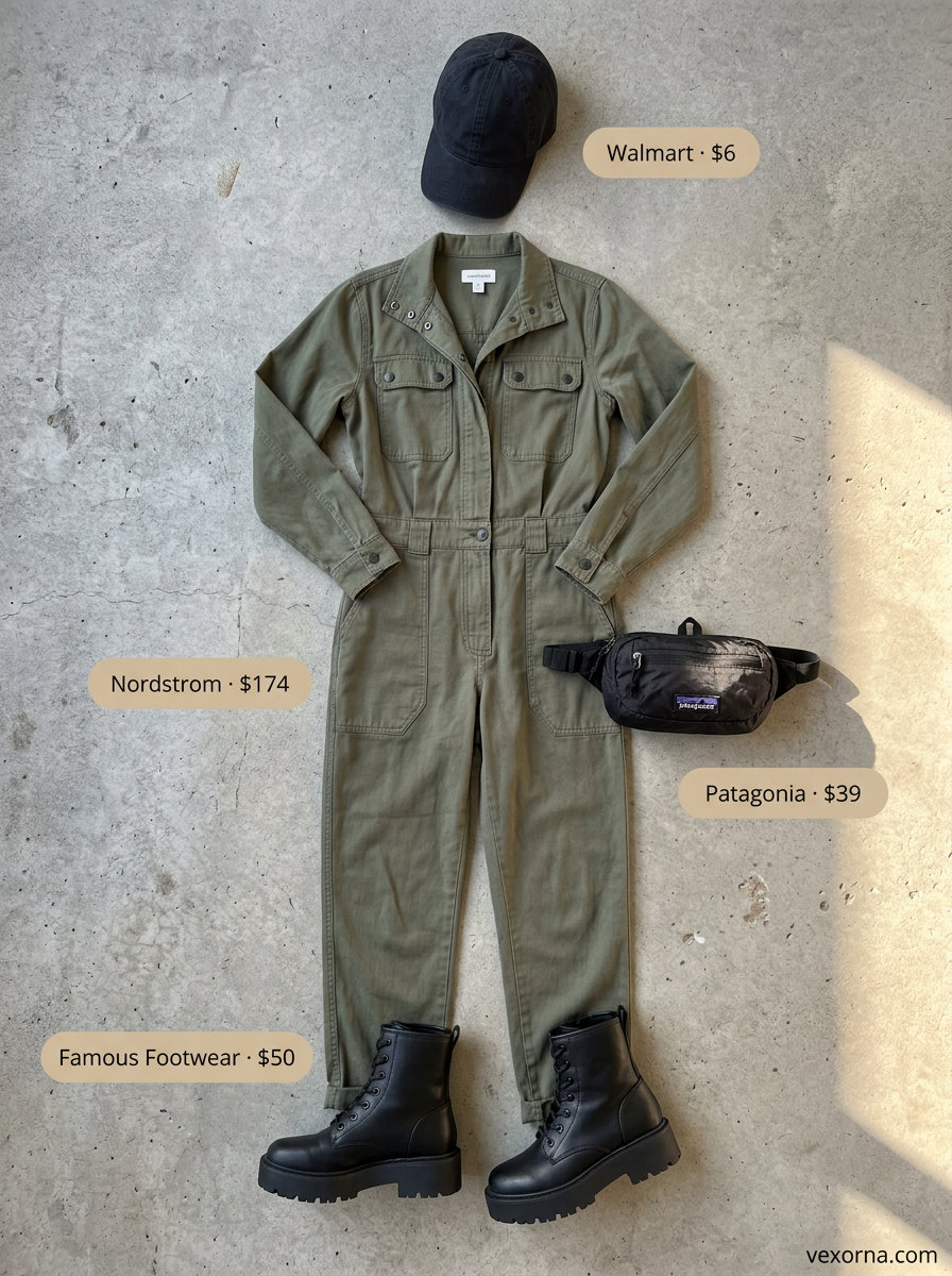 Summer Solo Travel Outfits for Women 2026: Khaki utility jumpsuit, combat boots, baseball cap, and belt bag for solo adventure.