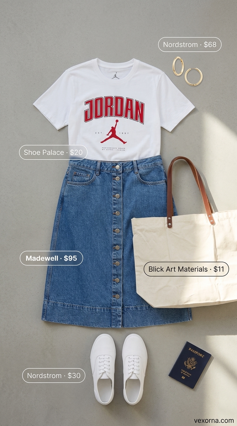 Summer Solo Travel Outfits for Women 2026: Denim midi skirt, white graphic tee, canvas tote, and sneakers for weekend getaway.