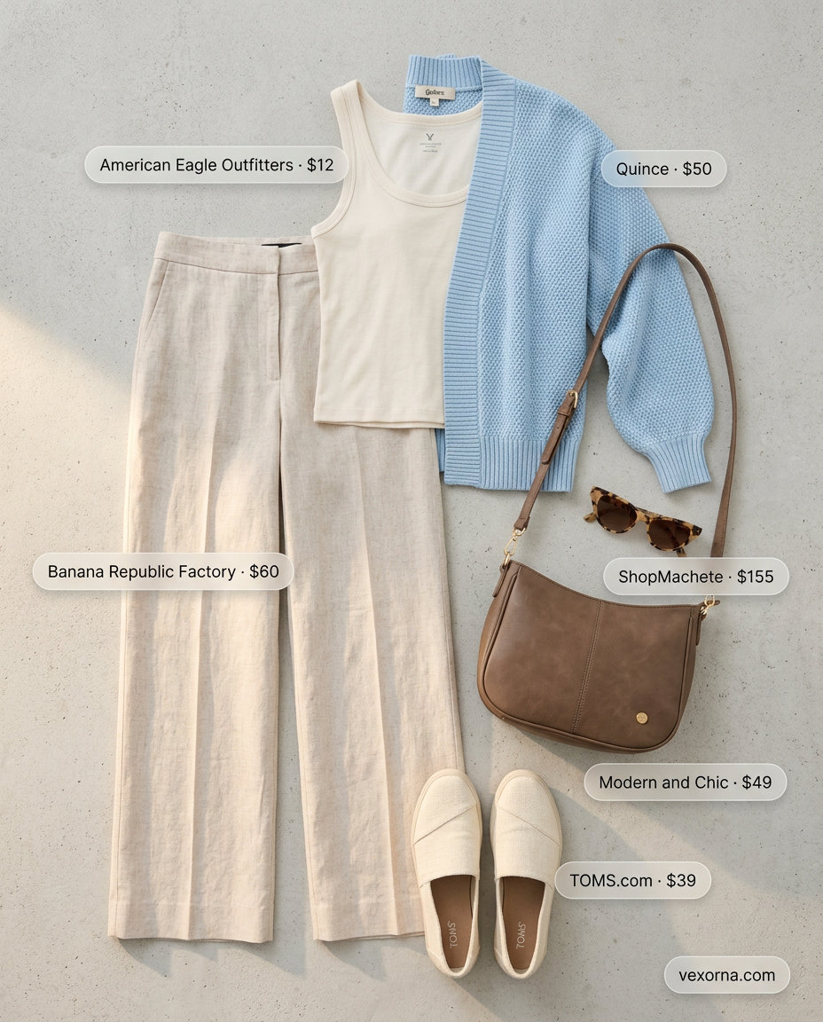 Summer Solo Travel Outfits for Women 2026: Airport chic with linen pants, knit cardigan, and sneakers.